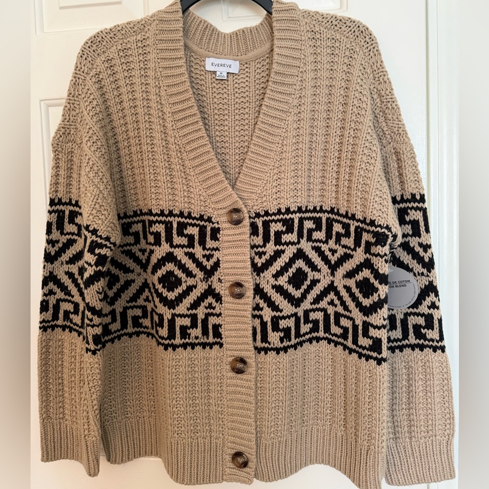 Evereve Cream & Black Geometric Button-Front Cardigan